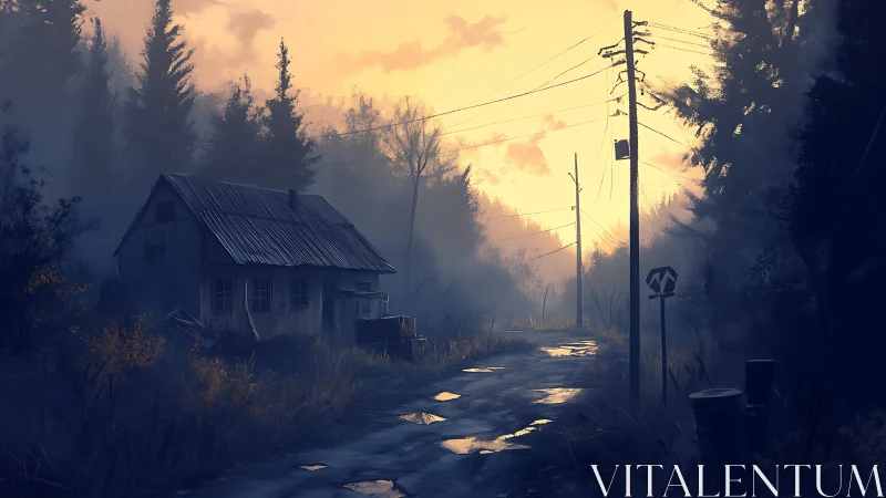 Rural roadside cabin at dusk with wet asphalt and power lines.