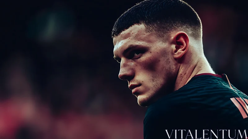 Focused football player captured in dramatic sideline portrait.