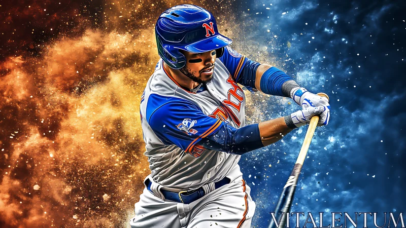 Baseball batter swinging bat with fiery blue energy backdrop.
