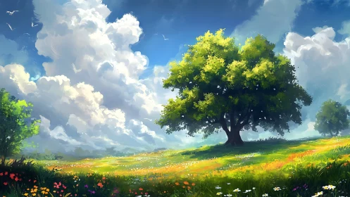 Sunny meadow daydream with a gentle tree under bright skies.