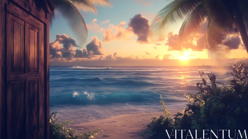 Digital painting seascape with doorway and tropical sunset portal.