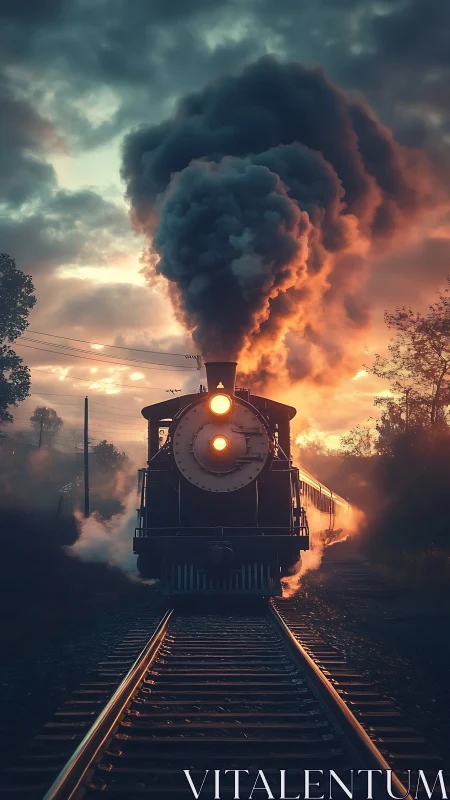Steam locomotive on tracks under dramatic sunset sky.