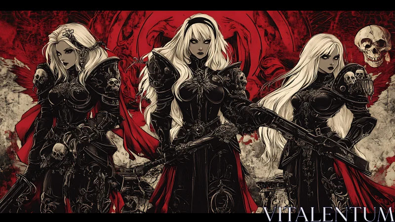 Gothic warrior sisters in skull armor with guns poised.