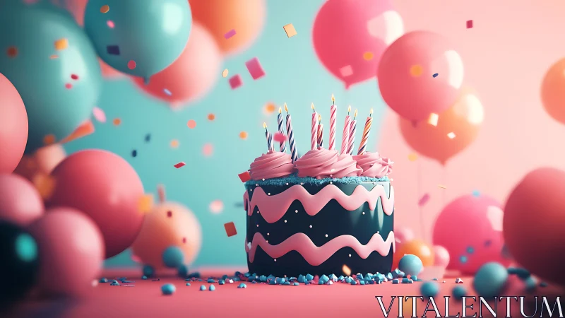 Joyful Birthday Celebration with Striped Cake and Balloons.