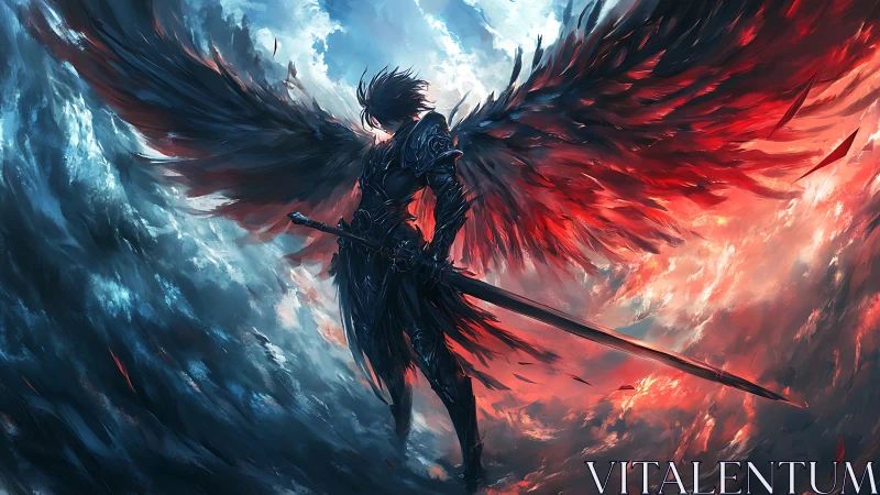 Dark winged warrior stands between fire and storm skies