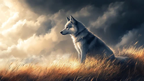 Quiet wolf rests in glowing golden grass beneath stormy sky