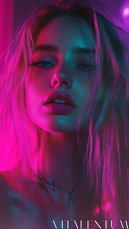 Neon-lit daydream girl in glowing pink and teal haze.