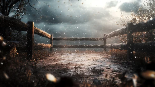 Snow-dusted wooden fence path rendered in moody backlight