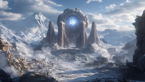 Ancient ice portal glowing in a serene mountain kingdom.