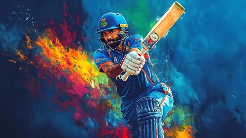 Cricket batsman digital painting with explosive color motion.