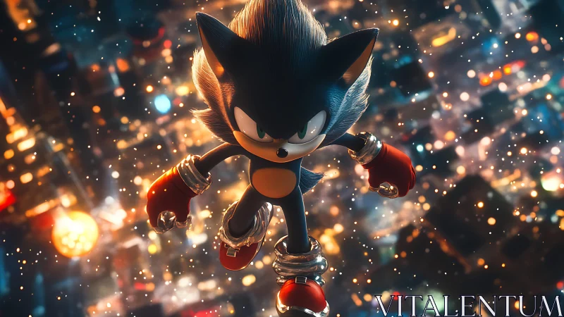 Midair hedgehog hero amid neon city bokeh lights at night.