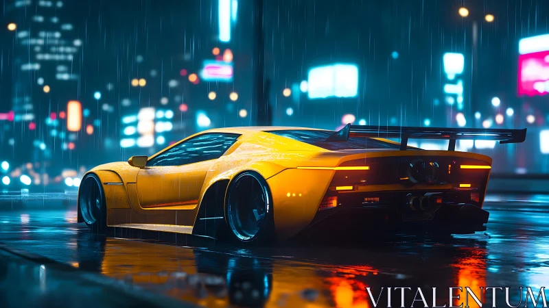 Neon-soaked hypercar rendered in cinematic rainy streetscape.