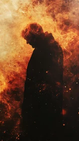 Silhouette of lone figure engulfed in swirling fiery smoke.