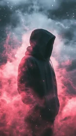 Cyberpunk hooded silhouette in neon vapor haze composition.