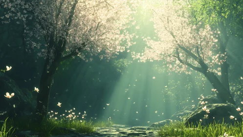 Sunlit forest path under blooming cherry blossom trees.