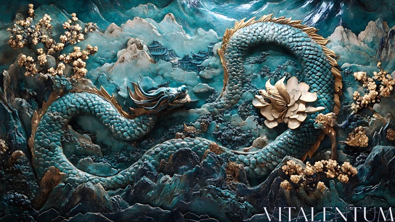 Verdigris jade dragon relief coiled through stylized mountain landscape