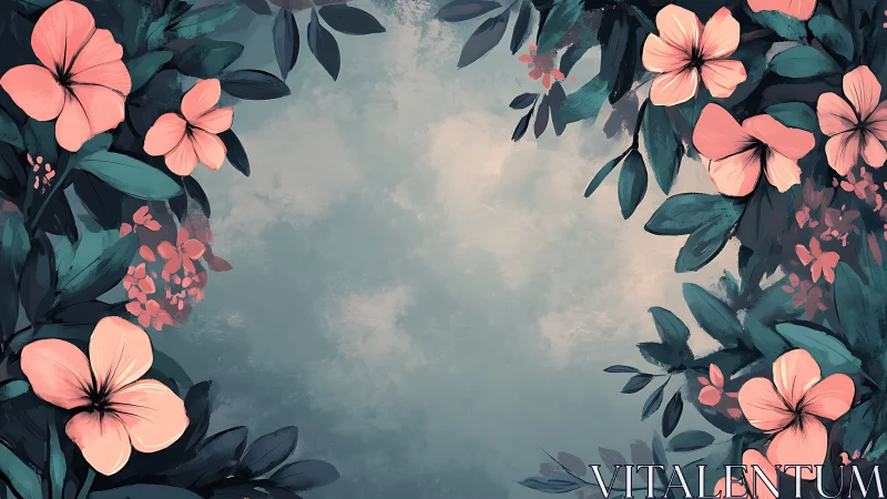 Coral Blossoms Framing Misty Sky Composition.