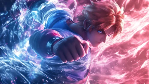 Anime fighter launches punch through opposing energy fields