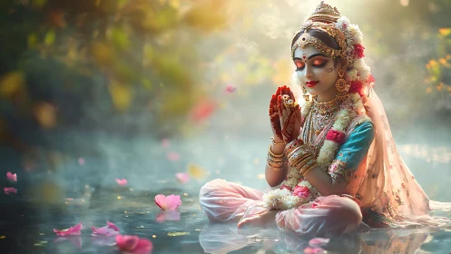 Ornate devotional female figure seated in lotus position.