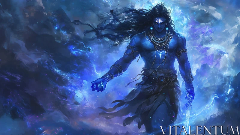 Celestial blue warrior advances through luminous cosmic storm