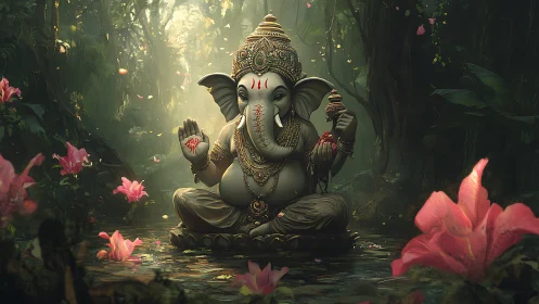 Ganesha statue glows in misty rainforest pond with drifting petals