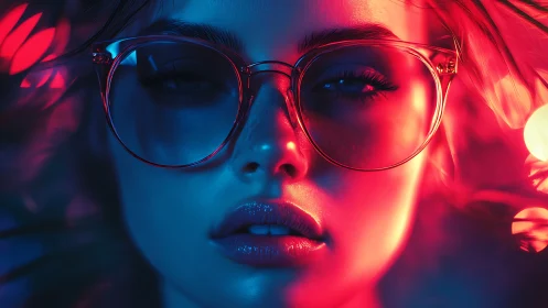 Neon lit close up portrait with oversized translucent glasses.