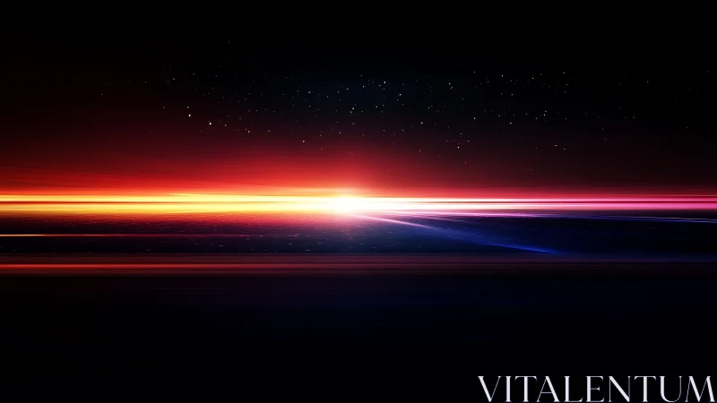 Horizontal light streaks intersect a distant luminous horizon