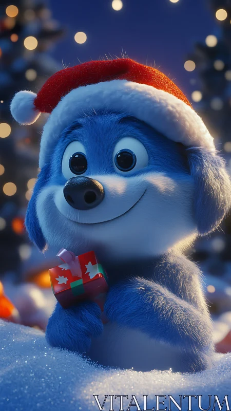 Blue cartoon puppy in Santa hat holds gift in snowy bokeh scene