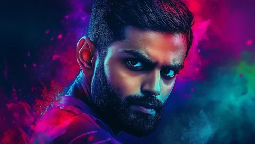 Intense male portrait glows inside neon vaporwave haze