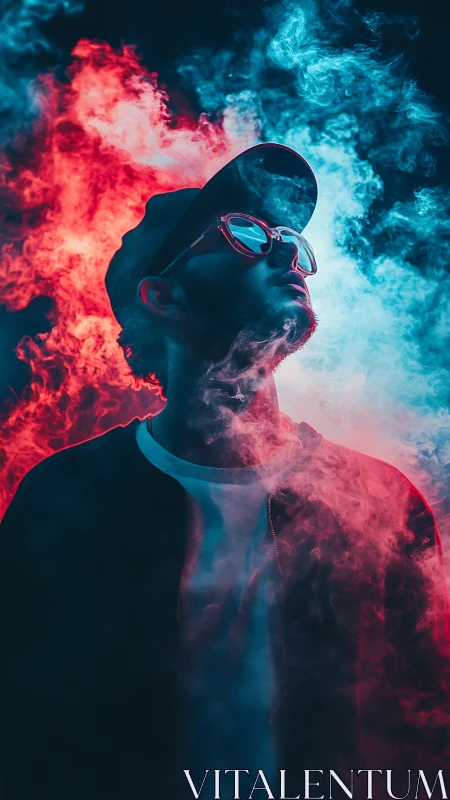Cool neon portrait glows in red and blue swirling smoke