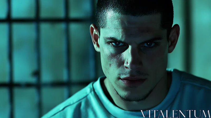 Intense young man in teal light before barred window.