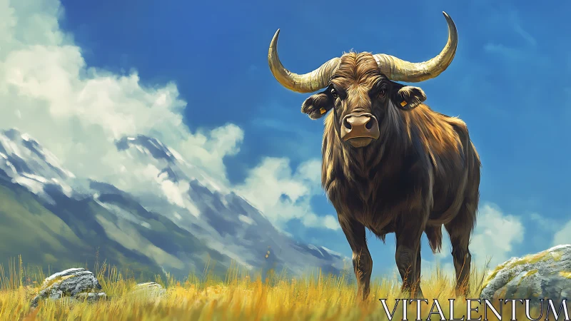 Strong horned bull standing in bright mountain meadow.