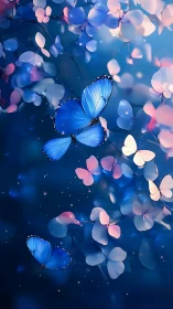 Gentle blue butterflies drift softly through dreamy evening light