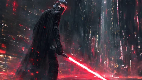 Armored figure with red energy blade in urban sci fi scene.