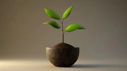 Young leafling rising from sculpted cocoa shell soil.