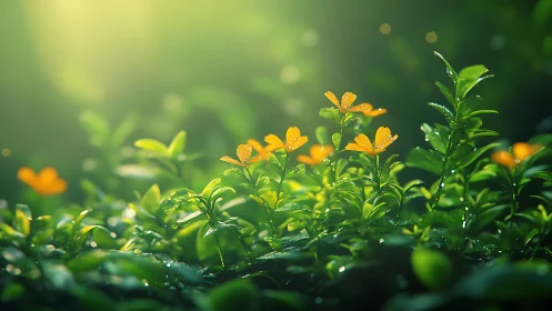 Yellow wildflowers with dew in dense green foliage at sunrise.