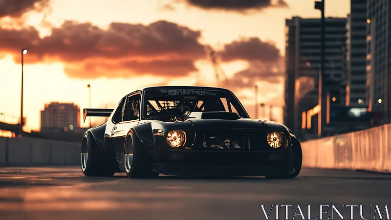 Low-angle view captures widebody race car against dusk skyline
