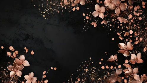 Rose gold flowers dancing against deep black elegance