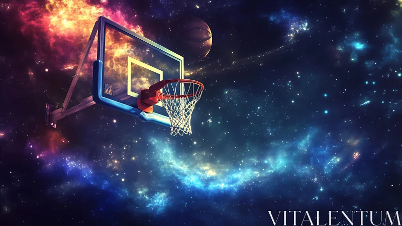 Astrophysical basketball hoop rendered in luminous nebular space.
