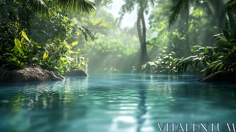 Tranquil jungle lagoon with turquoise water and dense tropical canopy