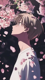 Side-profile anime boy beneath illuminated cherry blossoms.