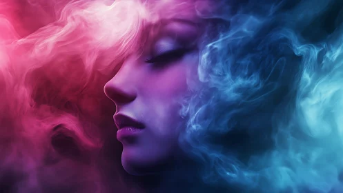 Bicolored ethereal portrait uniting vapor trails and soft gradients