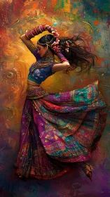 Vibrant classical dancer spins amid expressive chromatic strokes