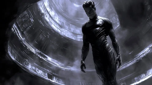 Futuristic humanoid figure descends inside metallic tunnel