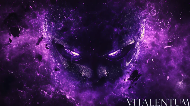 Purple energy face emerges from dense cosmic particle field