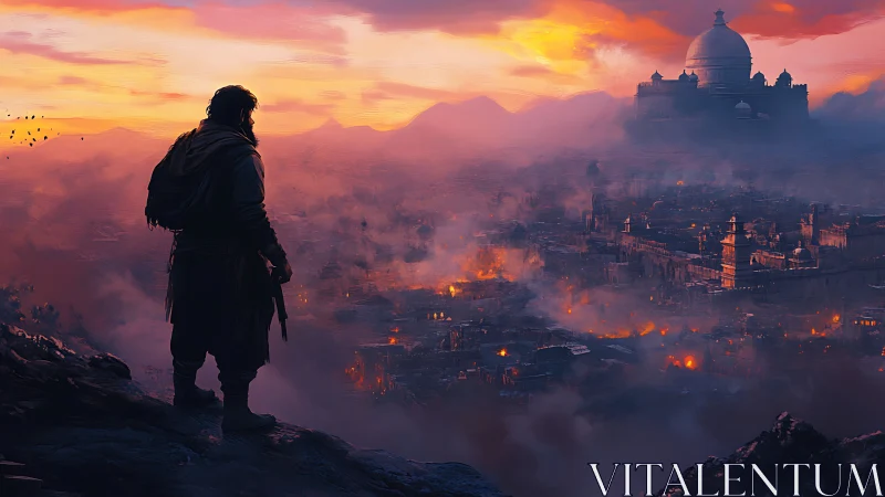 Hooded figure overlooks burning fantasy city at sunset