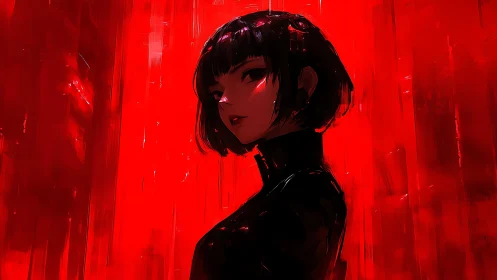 Dark-haired cyber femme in red abstract digital field.