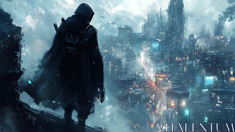 Wanderer in the neon fog, watching a restless future city.