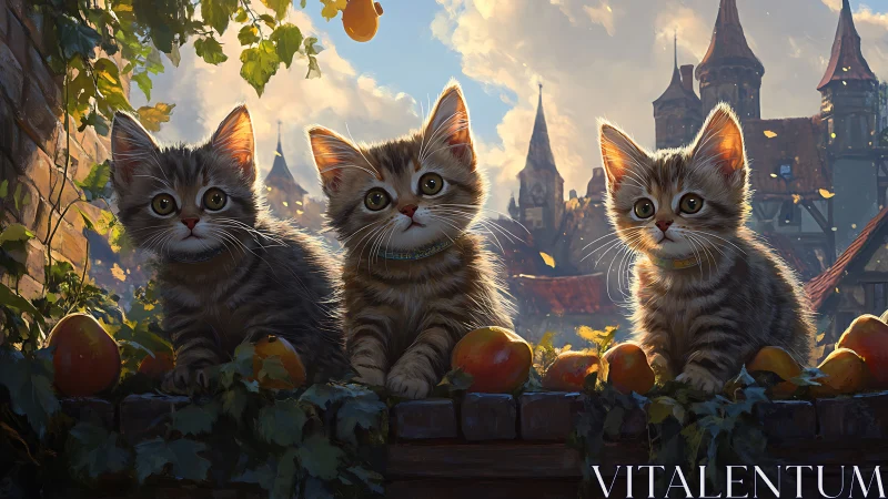 Three Kittens on Castle Wall with Autumn Foliage and Distant Spires