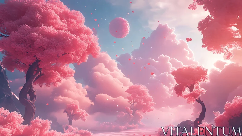Romantic pastel dreamscape with pink fantasy cloud forest.